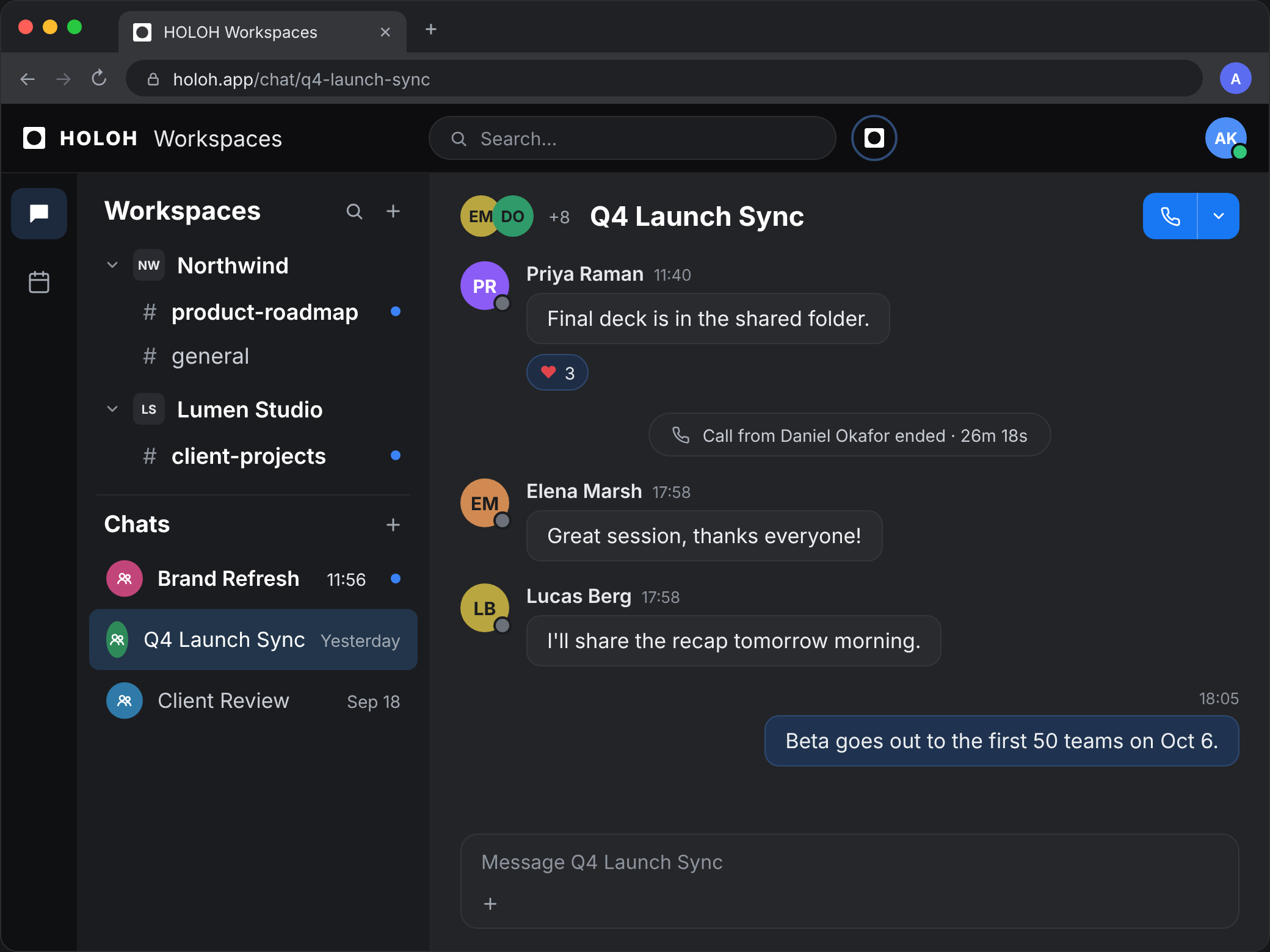 HOLOH Workspaces chat: workspaces with channels in the sidebar and the Q4 Launch Sync conversation with an ended call in the thread