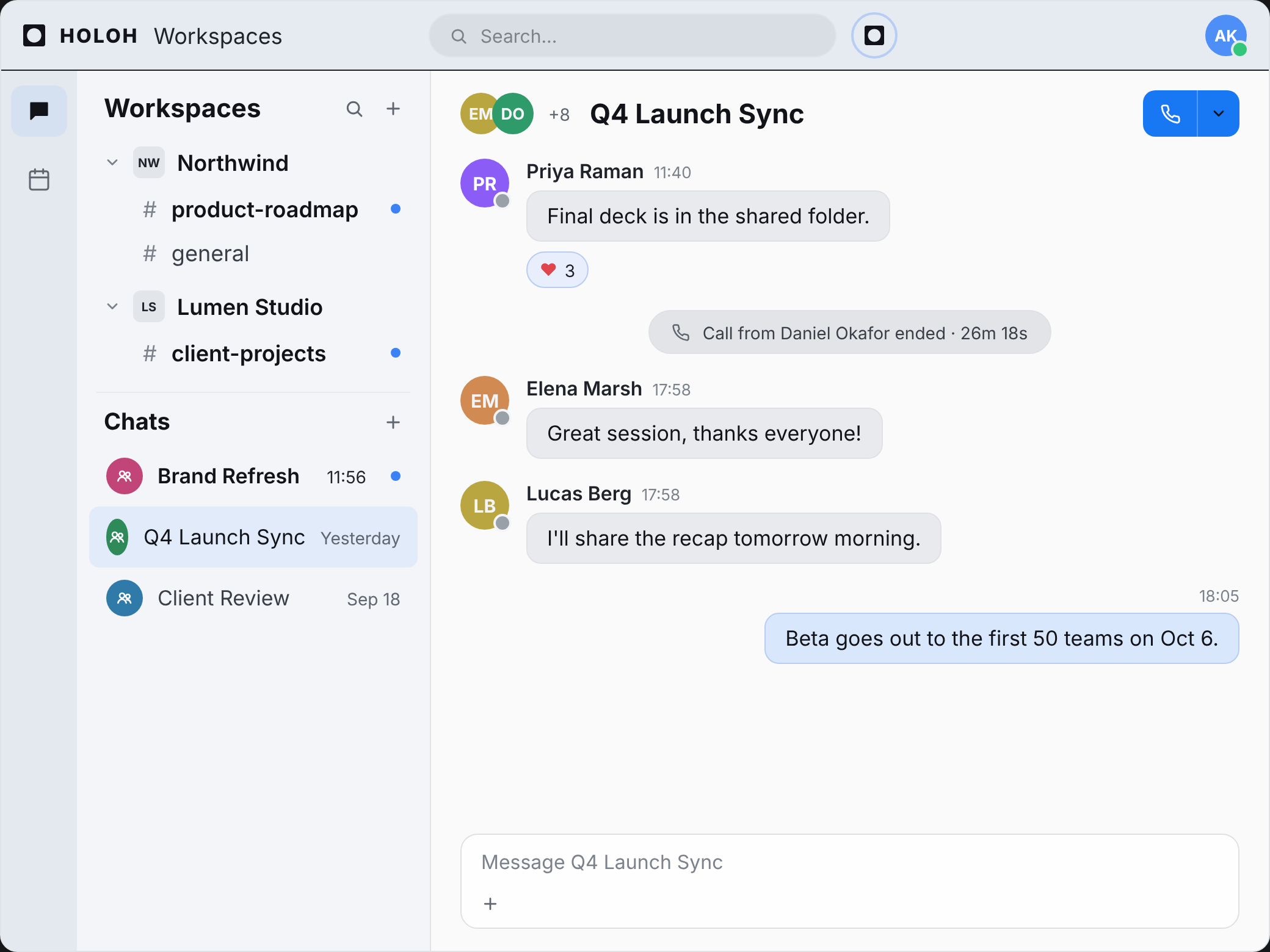 HOLOH Workspaces chat: workspaces with channels in the sidebar and the Q4 Launch Sync conversation with an ended call in the thread
