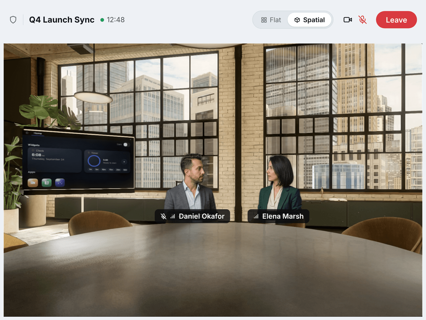 A HOLOH spatial call: two participants seated at a shared table in a 3D office room, with Flat and Spatial view toggle