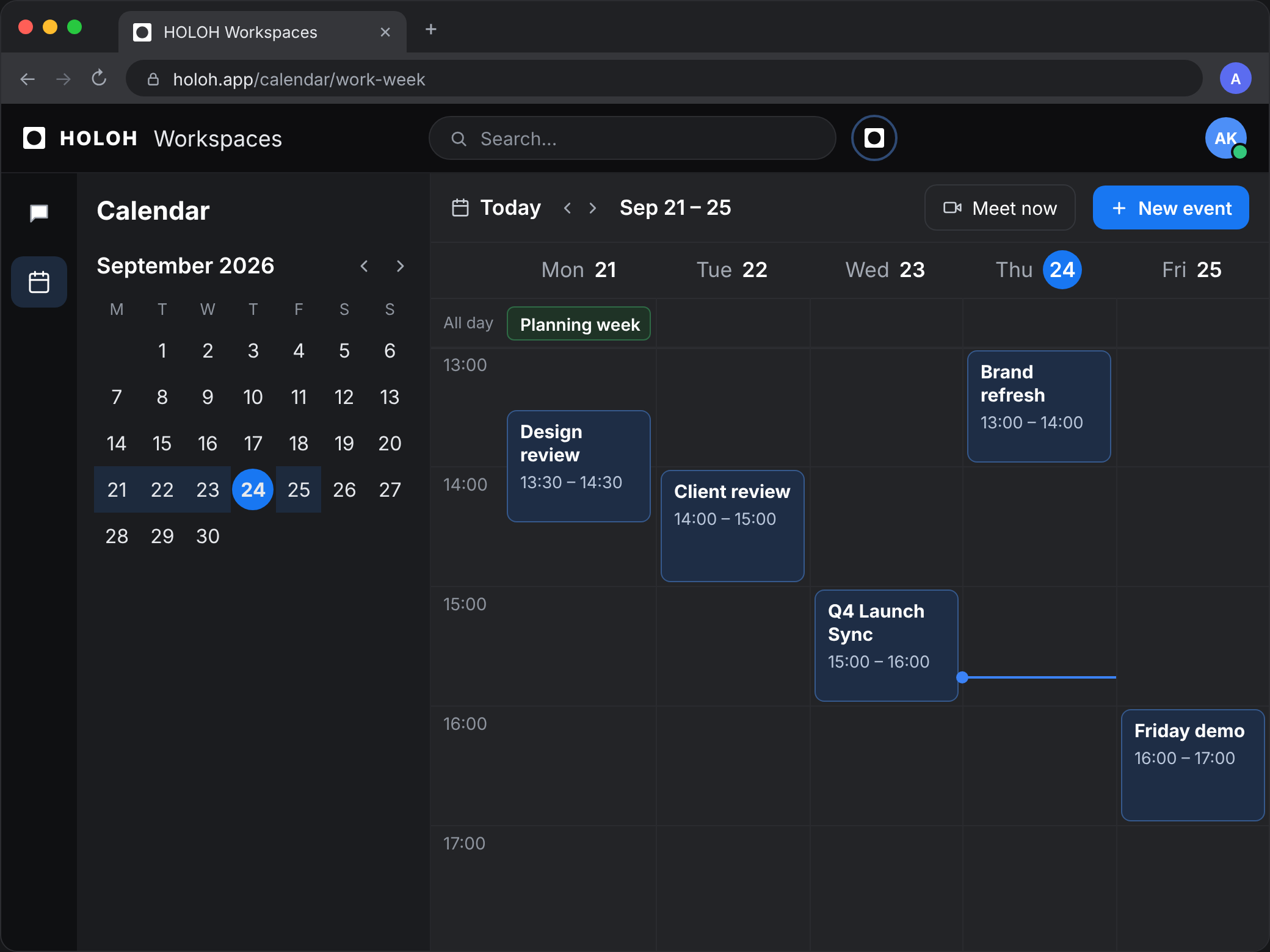 HOLOH Workspaces calendar in work-week view with meetings and Meet now / New event controls