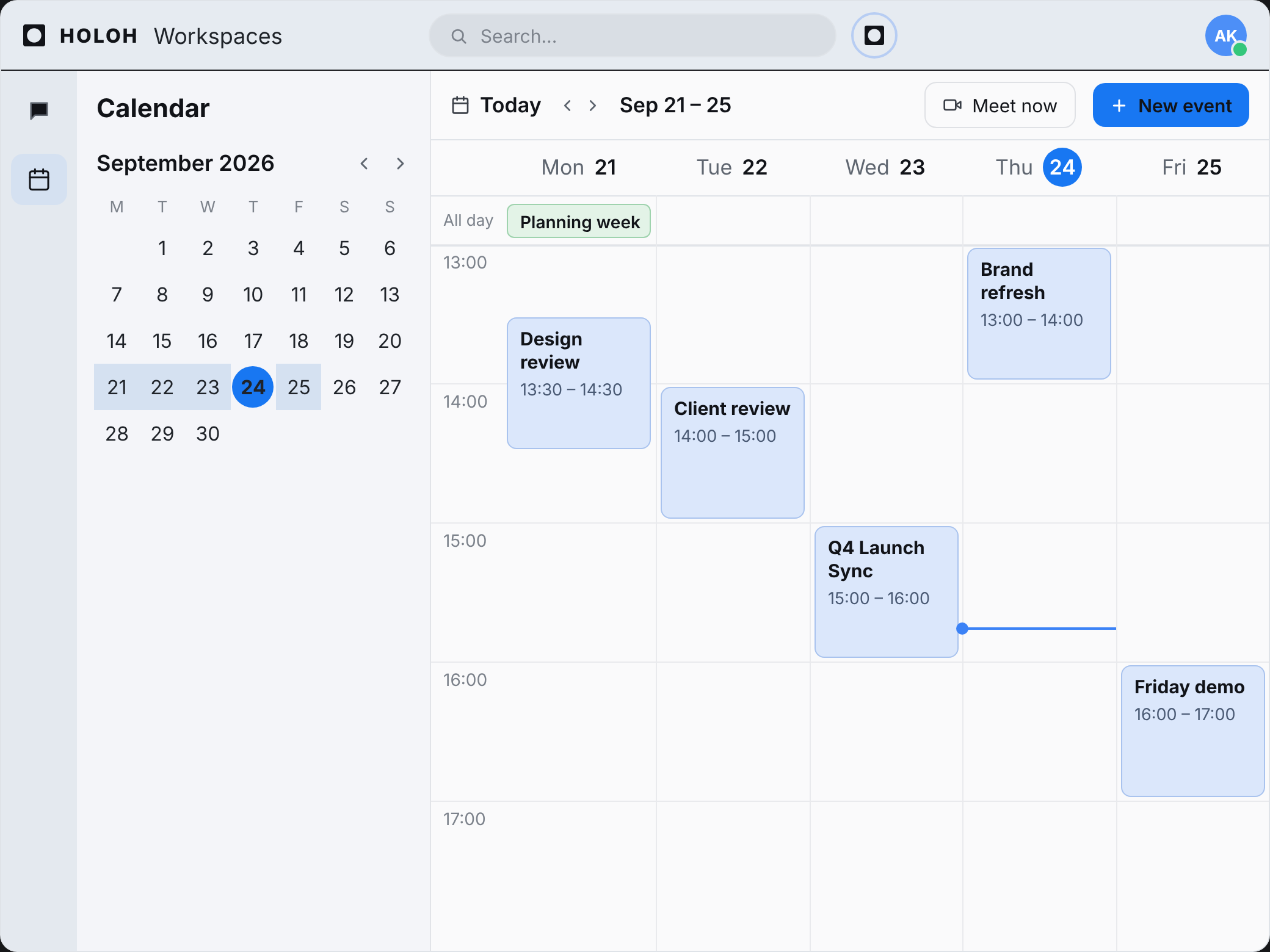 HOLOH Workspaces calendar in work-week view with meetings and Meet now / New event controls