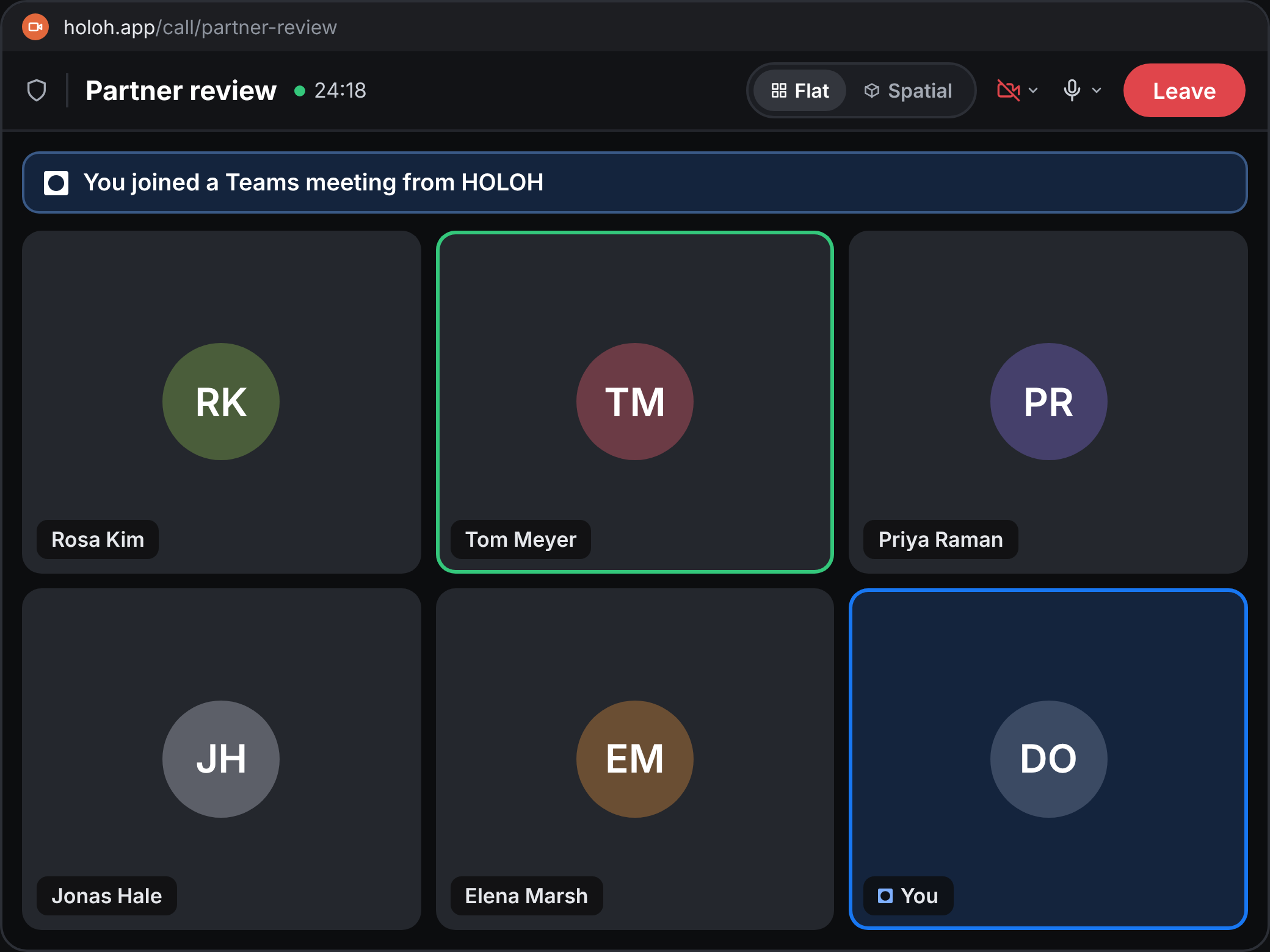 A HOLOH call window inside a Teams meeting, with the participant grid and call controls