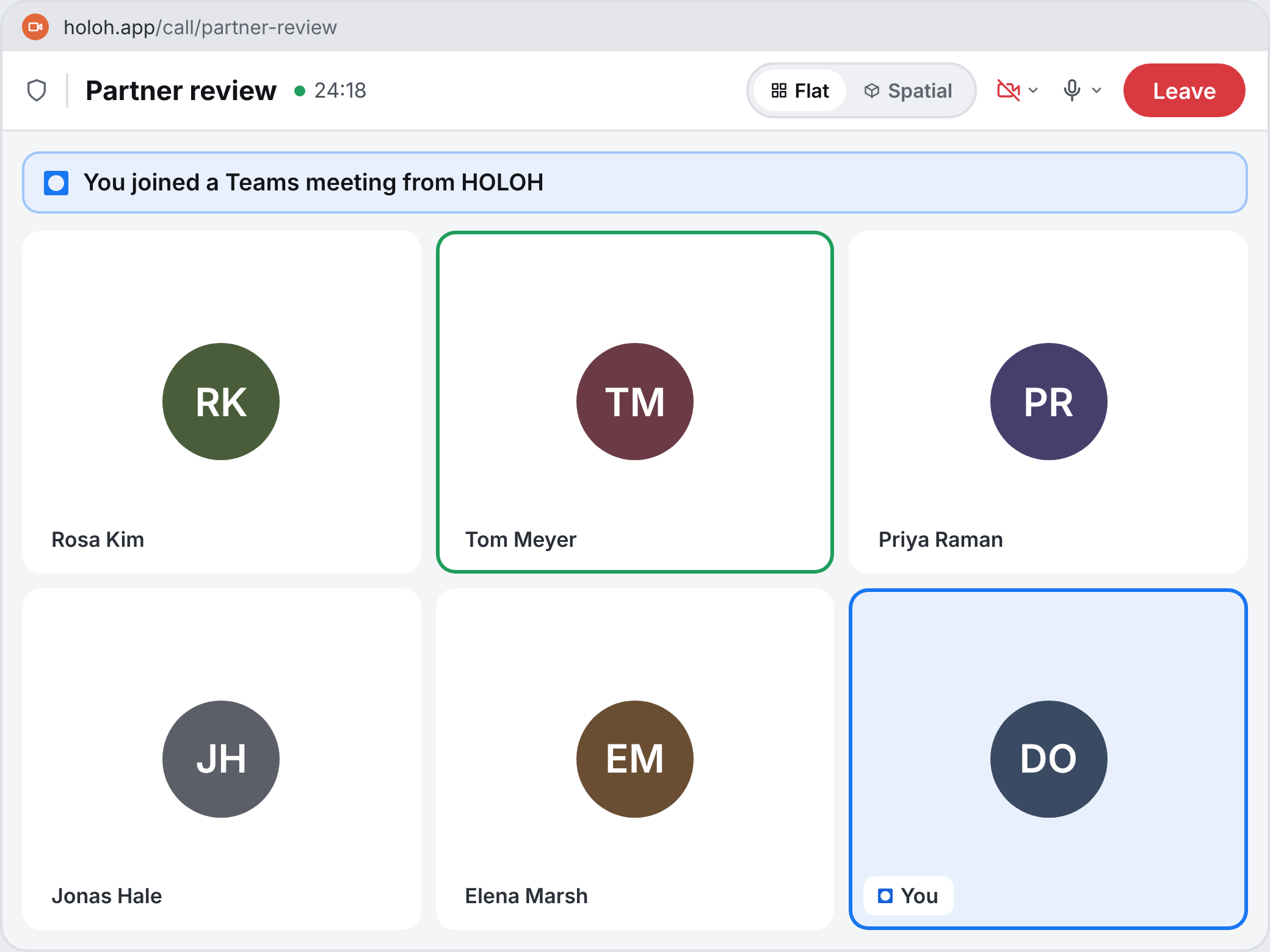 A HOLOH call window inside a Teams meeting, with the participant grid and call controls